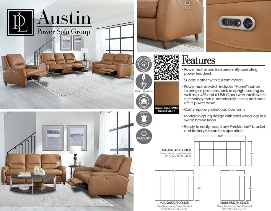 PARKER HOUSE AUSTIN - CARAMEL CREAM POWER SOFA