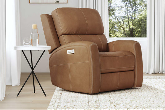 Flex Steel Linden Leather Power Recliner with Power Headrest & Lumbar