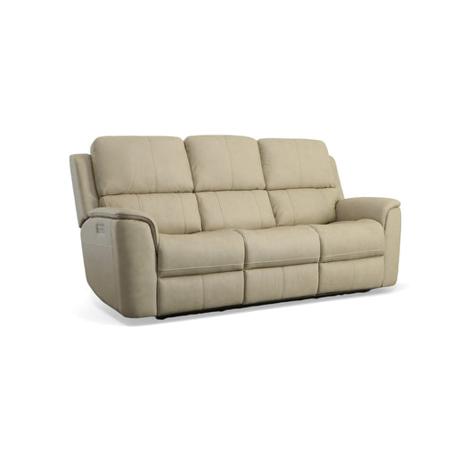 Flex Steel Beige Leather Power Reclining Sofa with Power Headrests & Lumbar