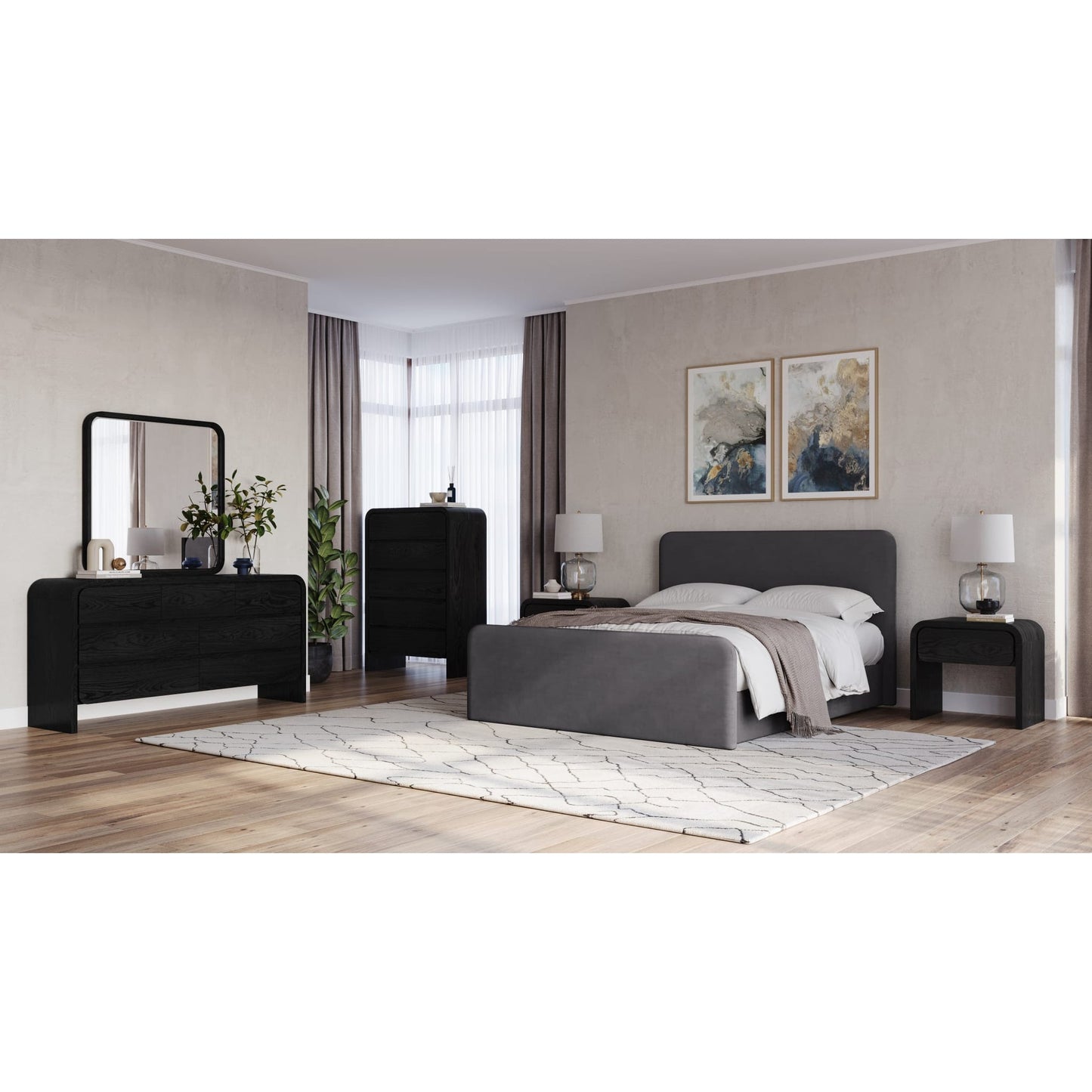 Elora Fully Upholstered Platform Bed in Charcoal Velvet