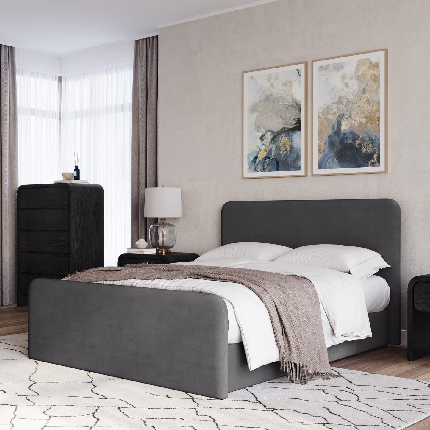 Elora Fully Upholstered Platform Bed in Charcoal Velvet