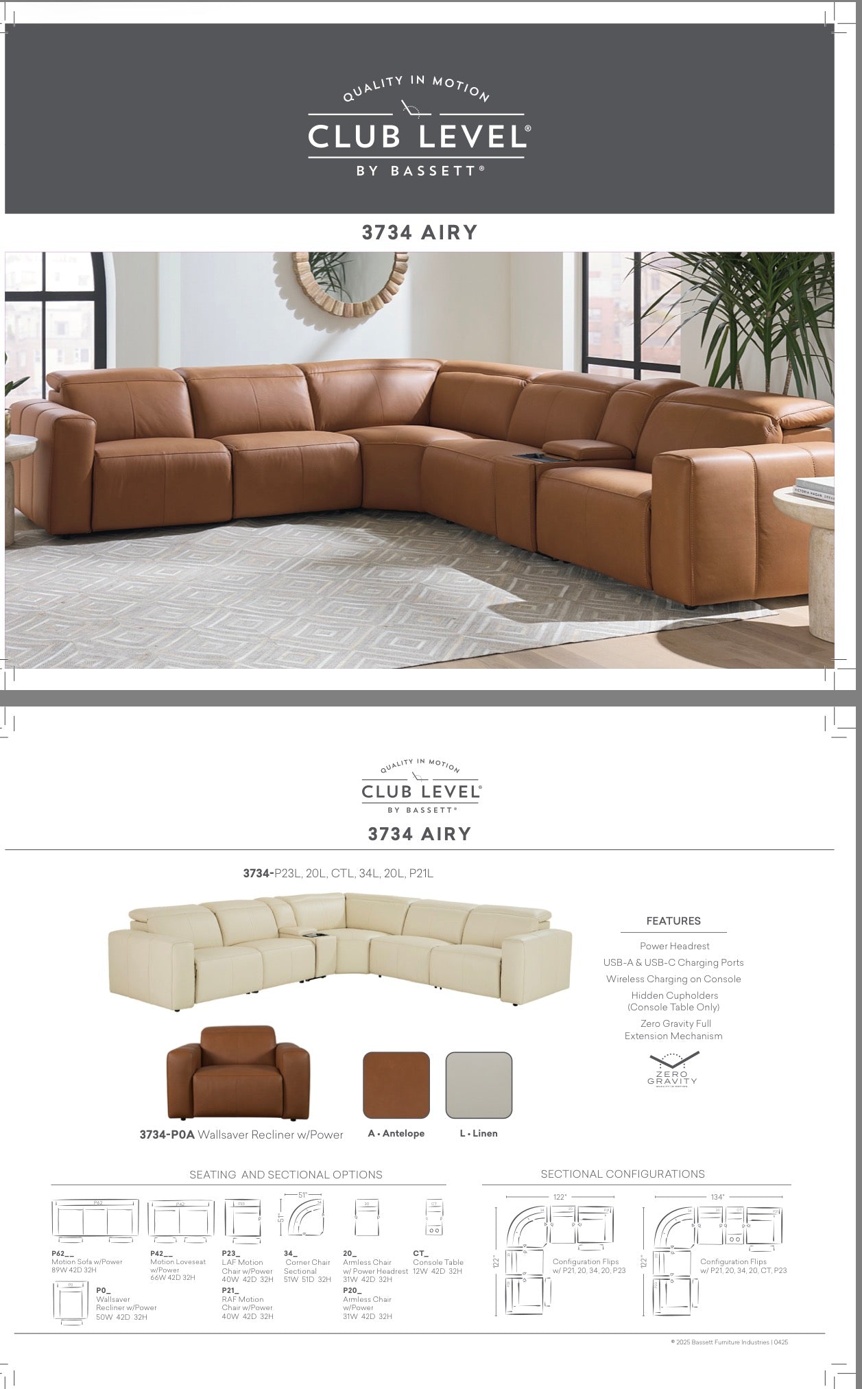 Bassett Airy Power Leather Linean Reclining Sofa