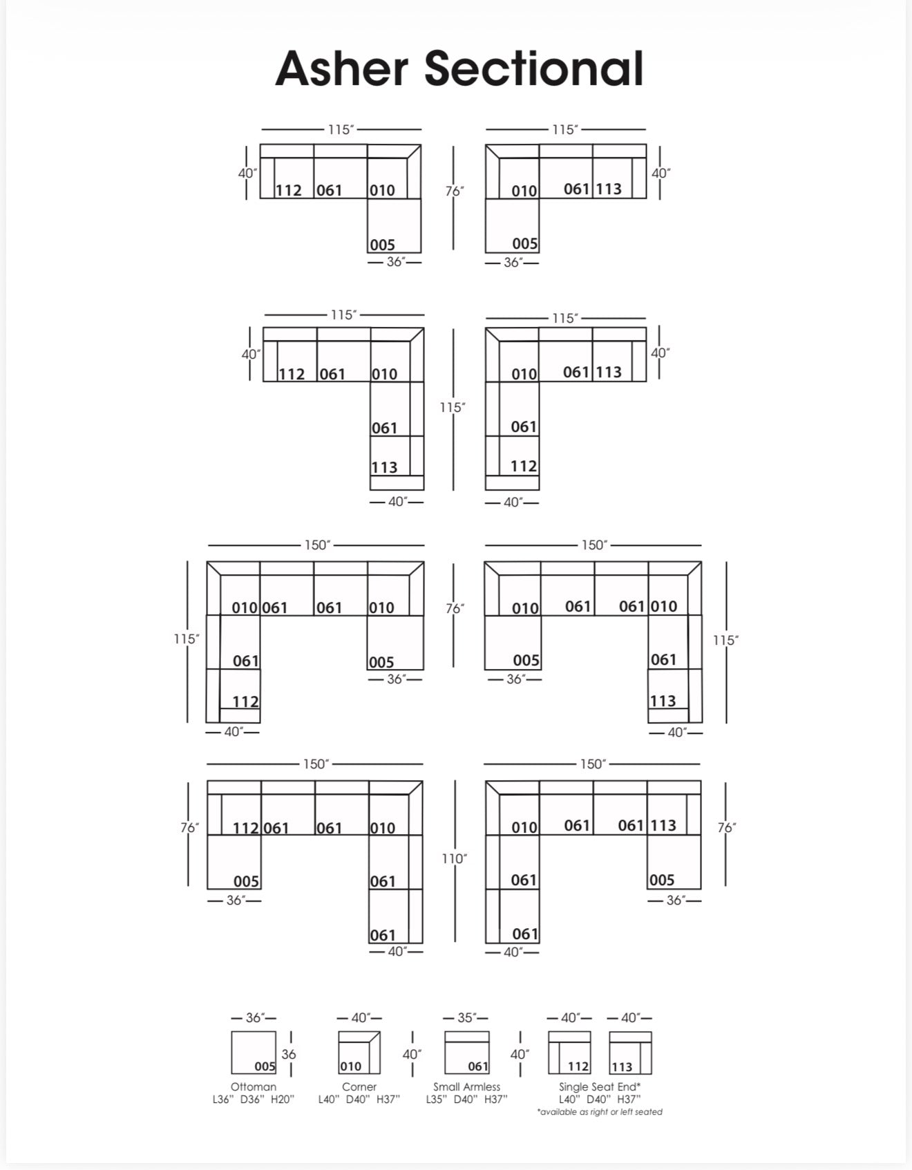 Rowe Asher Modular Sectional        4PC 1 Armless 1 Raf 1 Laf 1 Ottoman